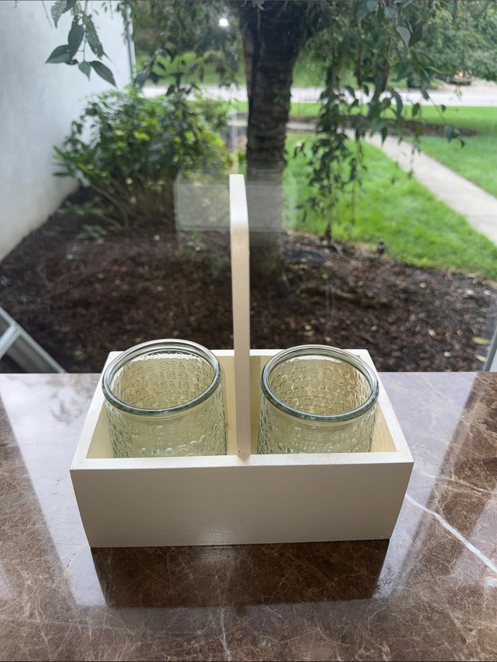 Cream Wooden Caddy with Two Textured Glass Holders by